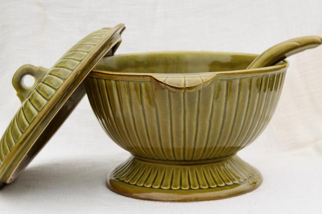 photo of rustic vintage pottery soup tureen, olive green glazed ceramic covered bowl serving dish #4