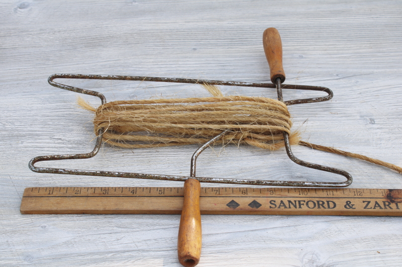 photo of rustic vintage primitive rope winder, wood handled wire frame w/ old rope baling twine #1