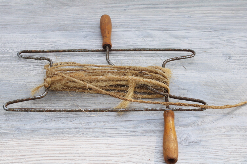 photo of rustic vintage primitive rope winder, wood handled wire frame w/ old rope baling twine #3