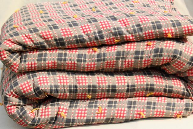 photo of rustic vintage red plaid print cotton covered wool filled comforter or tied quilt #1