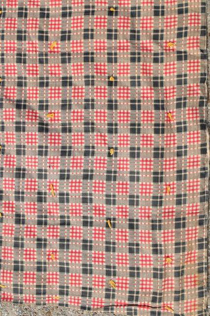 photo of rustic vintage red plaid print cotton covered wool filled comforter or tied quilt #7