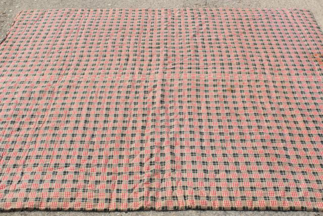 photo of rustic vintage red plaid print cotton covered wool filled comforter or tied quilt #10