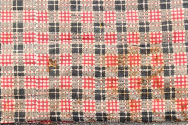 photo of rustic vintage red plaid print cotton covered wool filled comforter or tied quilt #11