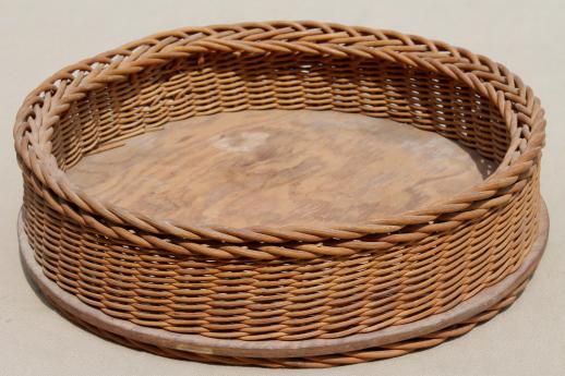 photo of rustic vintage round wood bottomed basket tray w/ woven wicker frame #1