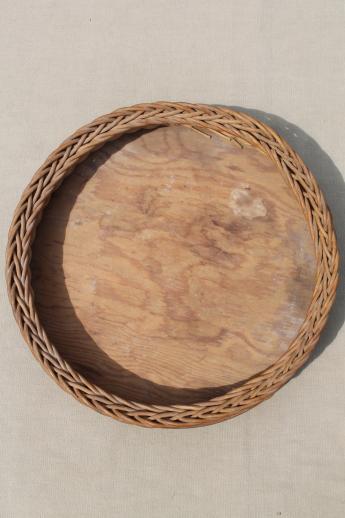 photo of rustic vintage round wood bottomed basket tray w/ woven wicker frame #2