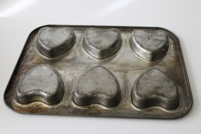 photo of rustic vintage tinned steel baking pan mini hearts mold country primitive #2