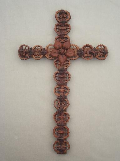 photo of rustic vintage tramp art Cross,  handmade  black walnuts walnut wood cross #1