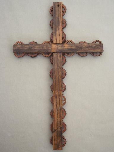 photo of rustic vintage tramp art Cross,  handmade  black walnuts walnut wood cross #2