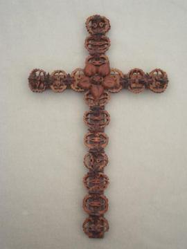 catalog photo of rustic vintage tramp art Cross,  handmade  black walnuts walnut wood cross