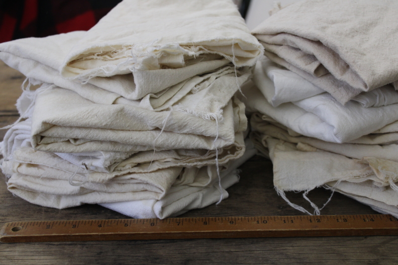 photo of rustic vintage unbleached cotton feed flour sacks lot, plain unprinted grain bag fabric #1