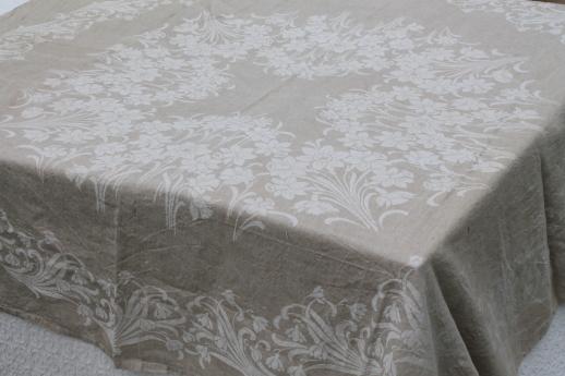 photo of rustic vintage washed linen tablecloth, french brocante white daffodils jacquard on natural flax #1