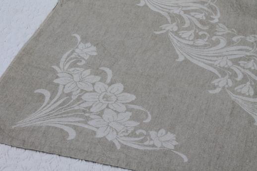 photo of rustic vintage washed linen tablecloth, french brocante white daffodils jacquard on natural flax #2