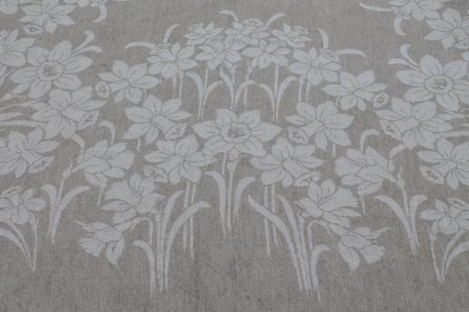 photo of rustic vintage washed linen tablecloth, french brocante white daffodils jacquard on natural flax #3