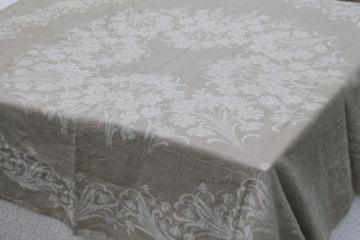 catalog photo of rustic vintage washed linen tablecloth, french brocante white daffodils jacquard on natural flax