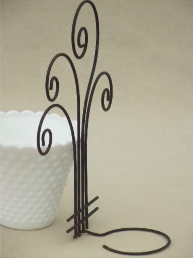 photo of rustic vintage wire flower pot holder, pot rack w/ milk glass planter  #5