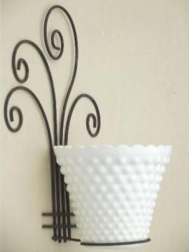 catalog photo of rustic vintage wire flower pot holder, pot rack w/ milk glass planter 