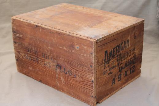 photo of rustic vintage wood crate, old American Window Glass wooden shipping / storage box #5