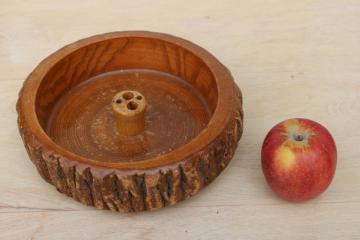 catalog photo of rustic vintage wood log bowl to hold nuts & nutcrackers, carved live edge tree bark