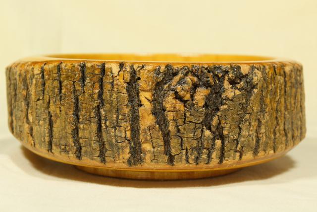 photo of rustic vintage wood log nut bowl, old wooden bowl with natural tree bark #3