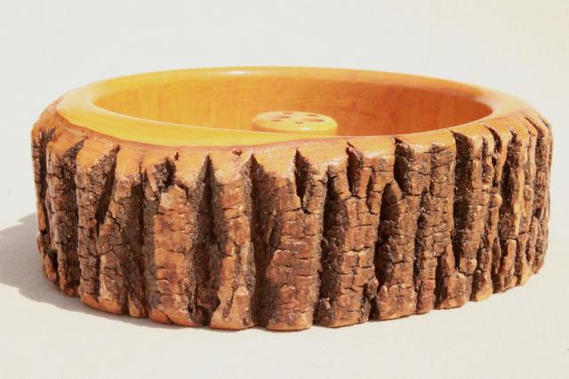 photo of rustic vintage wood log nut bowl, old wooden bowl with natural tree bark #2