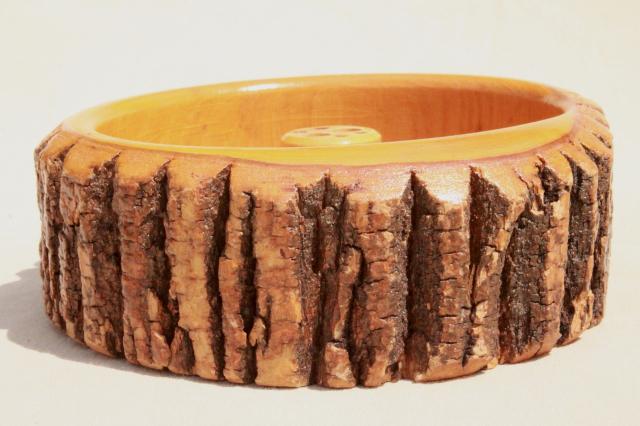 photo of rustic vintage wood log nut bowl, old wooden bowl with natural tree bark #3