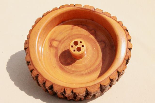 photo of rustic vintage wood log nut bowl, old wooden bowl with natural tree bark #4