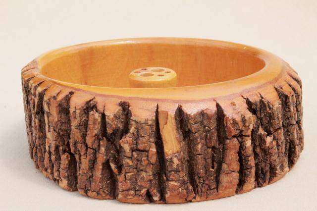 photo of rustic vintage wood log nut bowl, old wooden bowl with natural tree bark #7