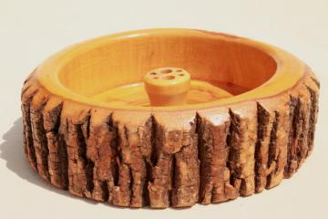 catalog photo of rustic vintage wood log nut bowl, old wooden bowl with natural tree bark