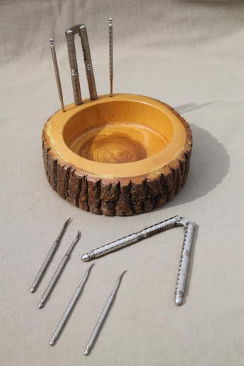 photo of rustic vintage wood log nut bowl, old wooden bowl with natural tree bark #1