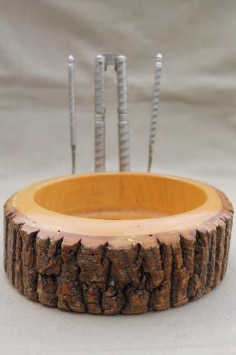 photo of rustic vintage wood log nut bowl, old wooden bowl with natural tree bark #2