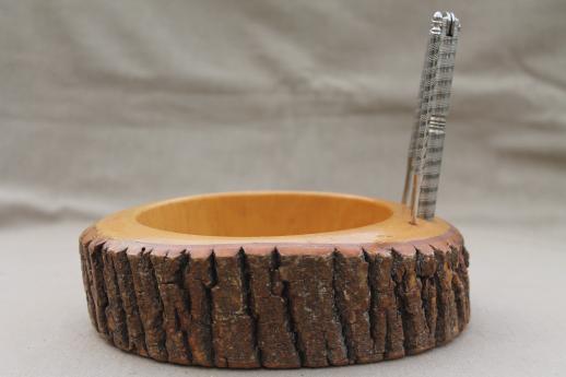 photo of rustic vintage wood log nut bowl, old wooden bowl with natural tree bark #3