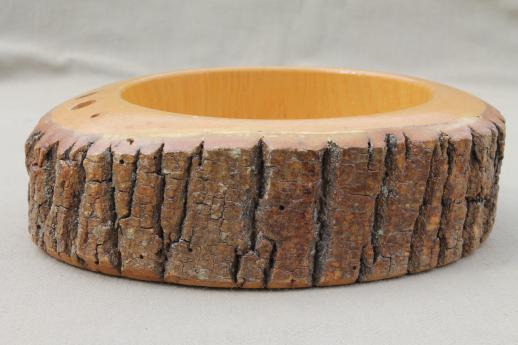 photo of rustic vintage wood log nut bowl, old wooden bowl with natural tree bark #4