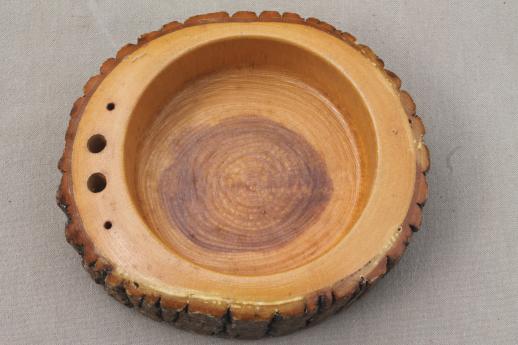 photo of rustic vintage wood log nut bowl, old wooden bowl with natural tree bark #5