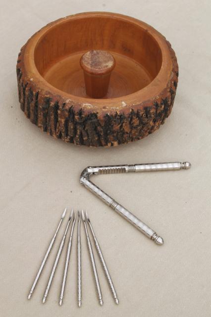 photo of rustic vintage wood log nut bowl, old wooden bowl with natural tree bark #1