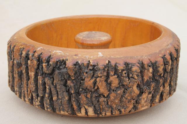 photo of rustic vintage wood log nut bowl, old wooden bowl with natural tree bark #2