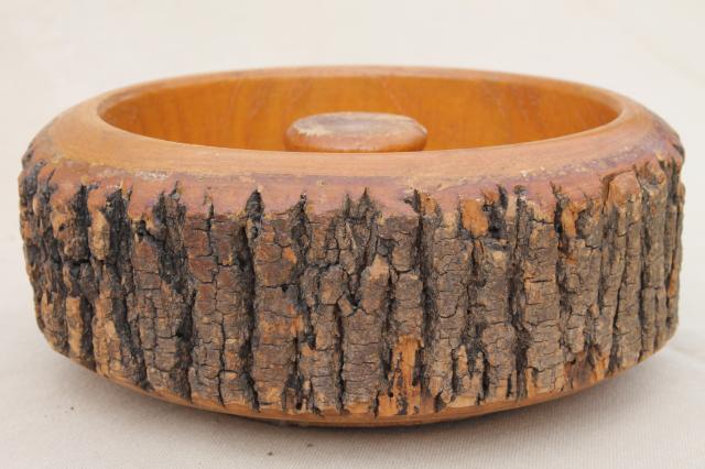 photo of rustic vintage wood log nut bowl, old wooden bowl with natural tree bark #3