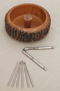 catalog photo of rustic vintage wood log nut bowl, old wooden bowl with natural tree bark