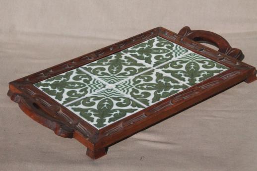 photo of rustic vintage wood tray with Talavera style Mexican pottery tiles #1