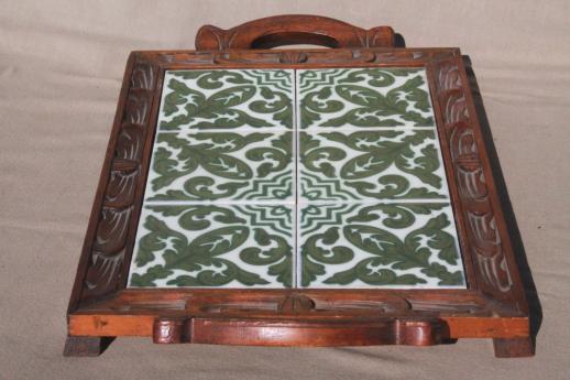 photo of rustic vintage wood tray with Talavera style Mexican pottery tiles #3