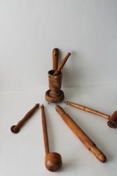 catalog photo of rustic vintage wooden kitchen utensils, rolling pin, dipper, wood hanging rack w/ mortar & pestle 