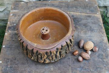 catalog photo of rustic vintage wooden nut bowl made from a log, live edge wood w/ tree bark