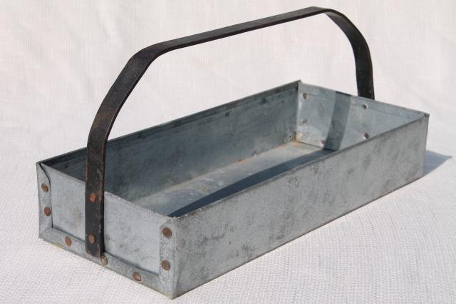 photo of rustic vintage zinc metal tool box carrier tote tray w/ handle, farmhouse industrial style #1