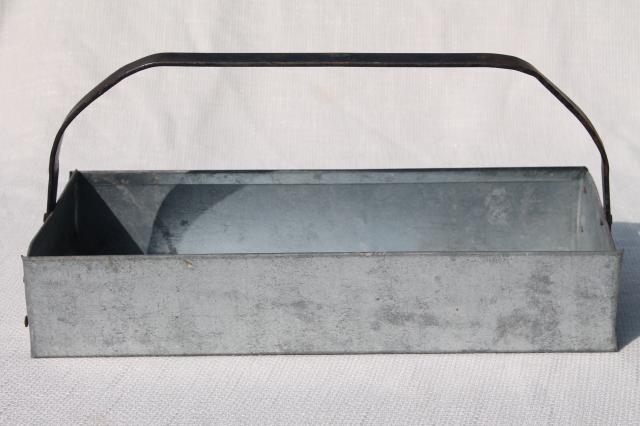 photo of rustic vintage zinc metal tool box carrier tote tray w/ handle, farmhouse industrial style #3