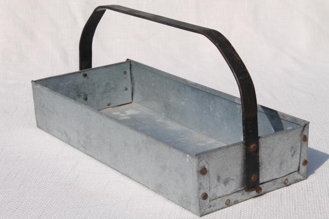 photo of rustic vintage zinc metal tool box carrier tote tray w/ handle, farmhouse industrial style #4