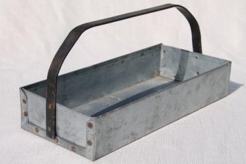 catalog photo of rustic vintage zinc metal tool box carrier tote tray w/ handle, farmhouse industrial style