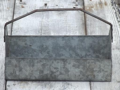 photo of rustic vintage zinc metal tool box tote or carrier w/ rusty iron handle #3