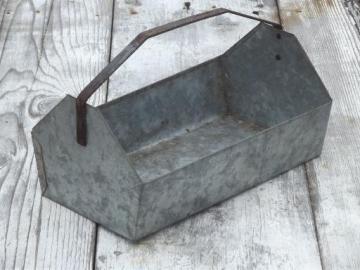 catalog photo of rustic vintage zinc metal tool box tote or carrier w/ rusty iron handle