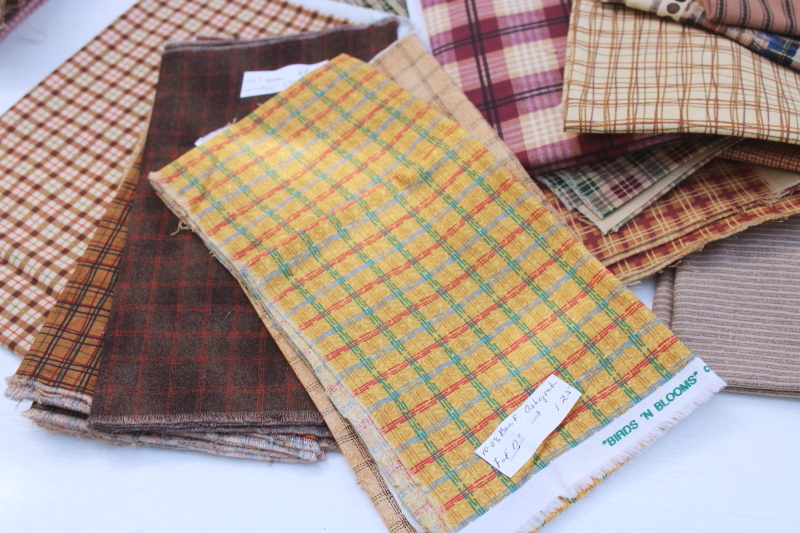 photo of rustic warm browns & red plaids, stripes, prints vintage cotton fabric lot, fat quarters & small pieces #3