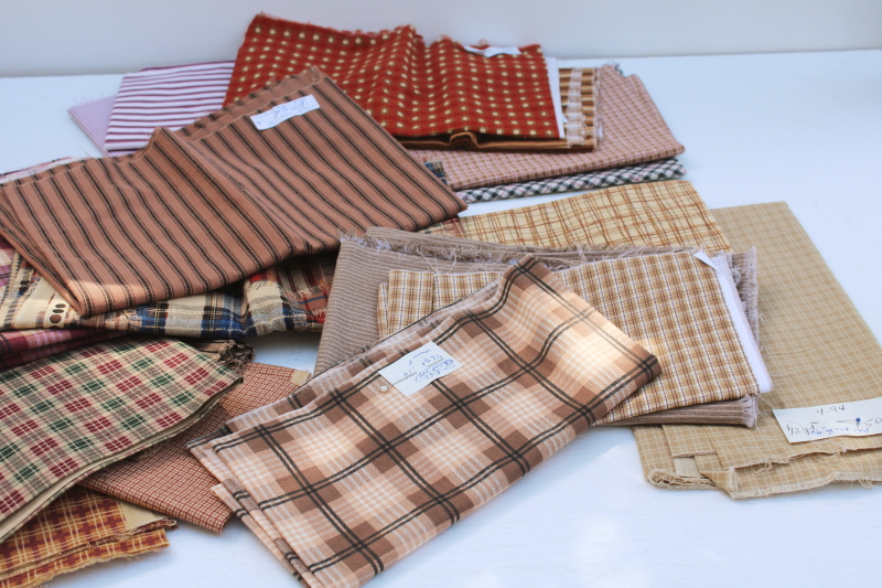 photo of rustic warm browns & red plaids, stripes, prints vintage cotton fabric lot, fat quarters & small pieces #4