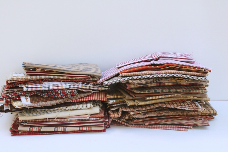 photo of rustic warm browns & red plaids, stripes, prints vintage cotton fabric lot, fat quarters & small pieces #5